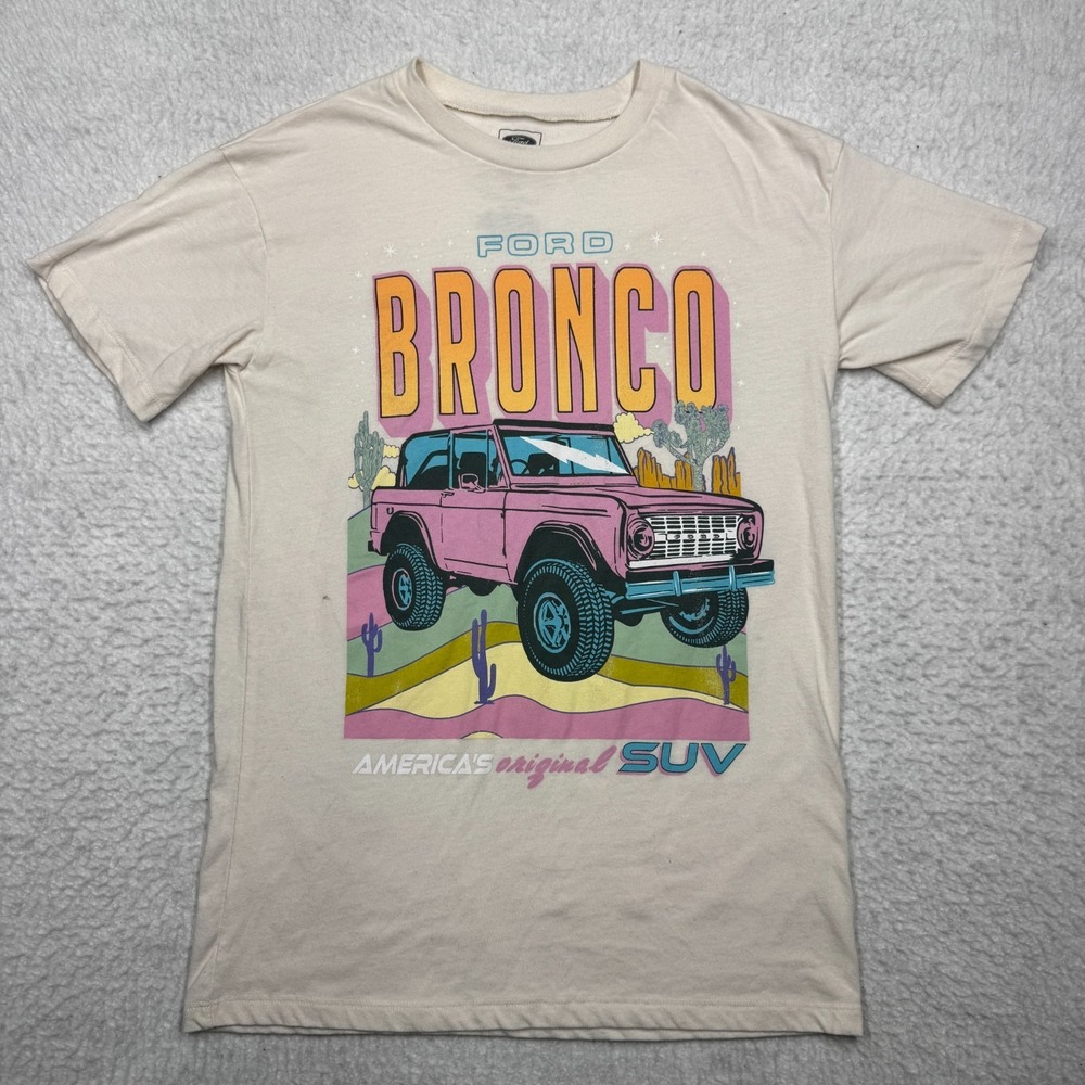 Ford‎ Bronco Beige Short Sleeve T Shirt Pink Ford Bronco White Women's Size XS